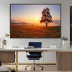 Golden Sunrise Landscape Canvas Wall Art, Framed Misty Field Nature Print