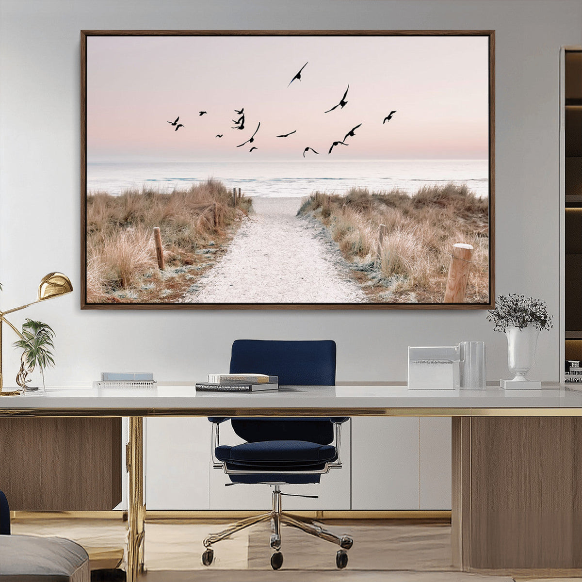 Coastal Pathway Canvas Wall Art Print, Framed Seaside Landscape with Beach and Birds