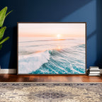 Sunset Surfing Wall Art Canvas Print, Ocean Wave Surfer with Golden Sky
