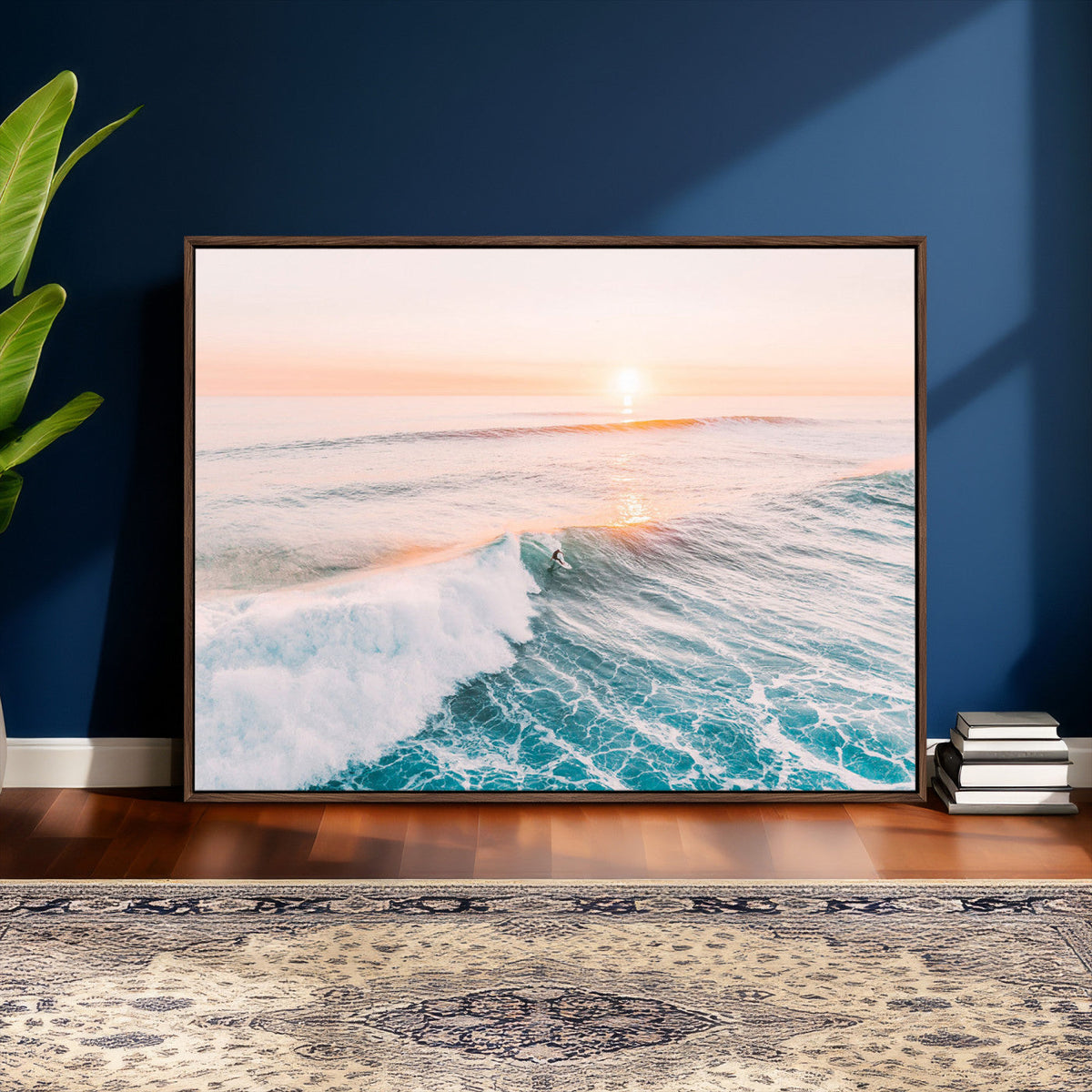 Sunset Surfing Wall Art Canvas Print, Ocean Wave Surfer with Golden Sky