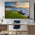 Coastal Golf Course Wall Art Canvas Print, Sunset with Rolling Green Fairways and Ocean Waves