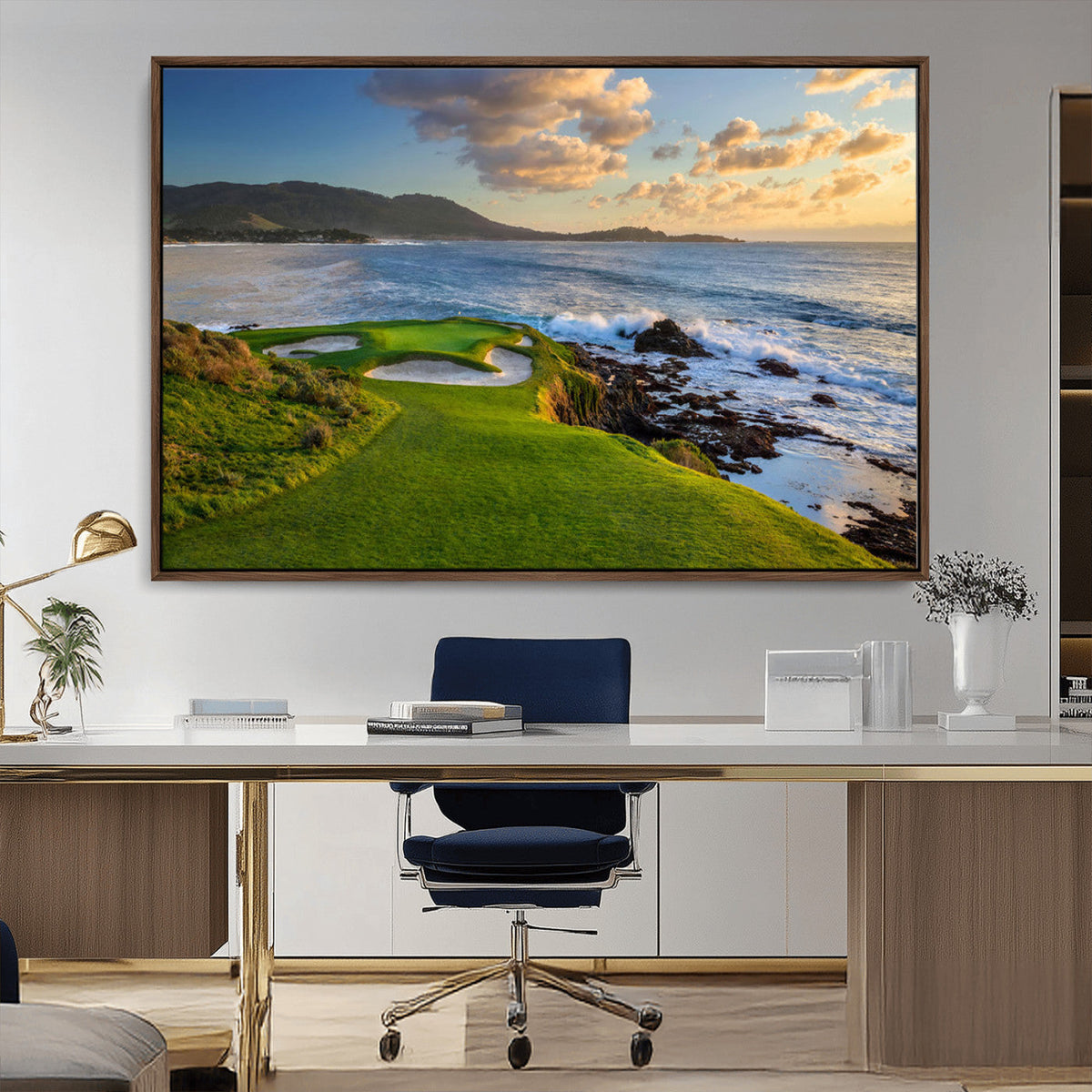 Coastal Golf Course Wall Art Canvas Print, Sunset with Rolling Green Fairways and Ocean Waves