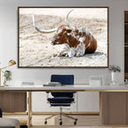 Majestic Longhorn Wall Art Canvas Print, Resting on Sunlit Desert Ground