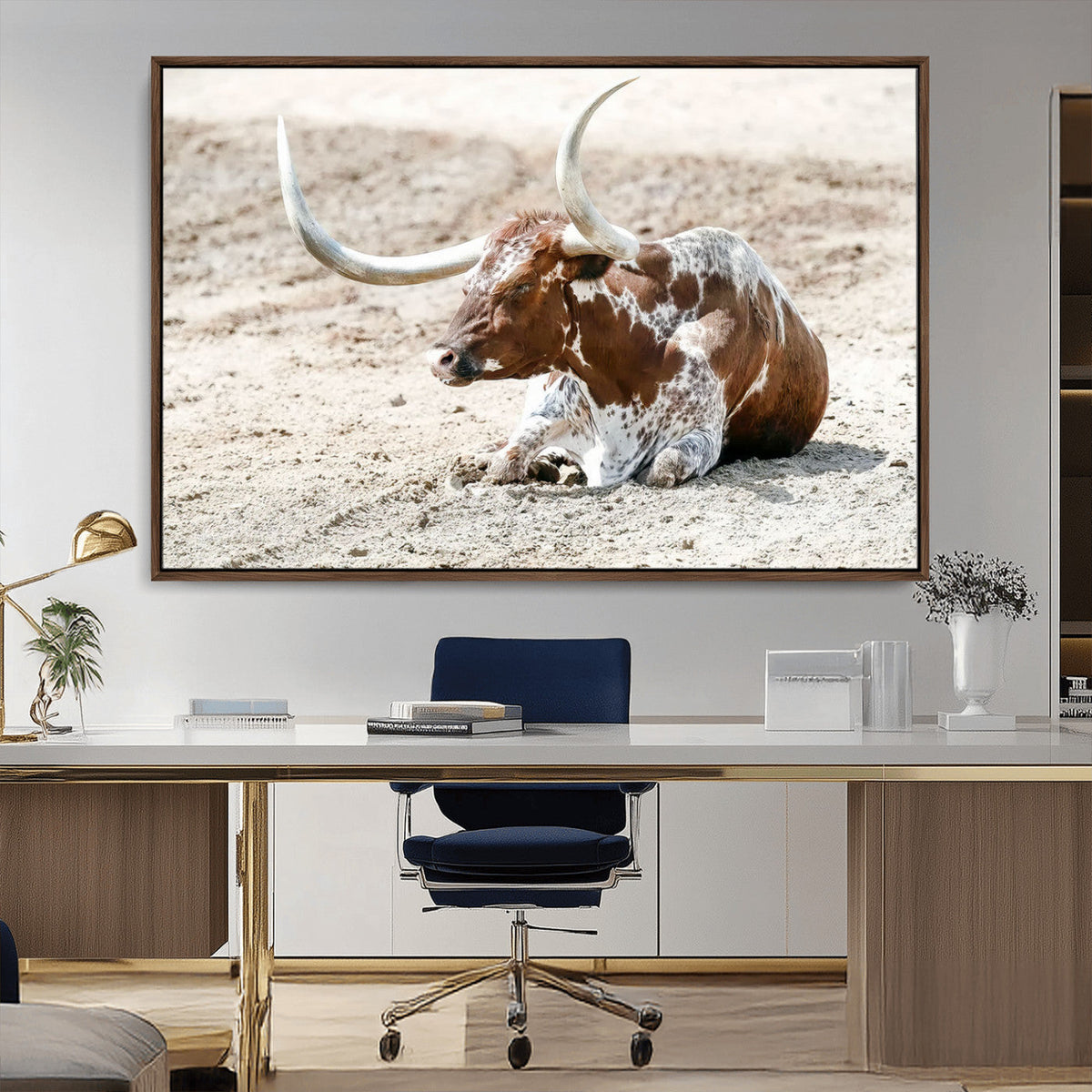 Majestic Longhorn Wall Art Canvas Print, Resting on Sunlit Desert Ground