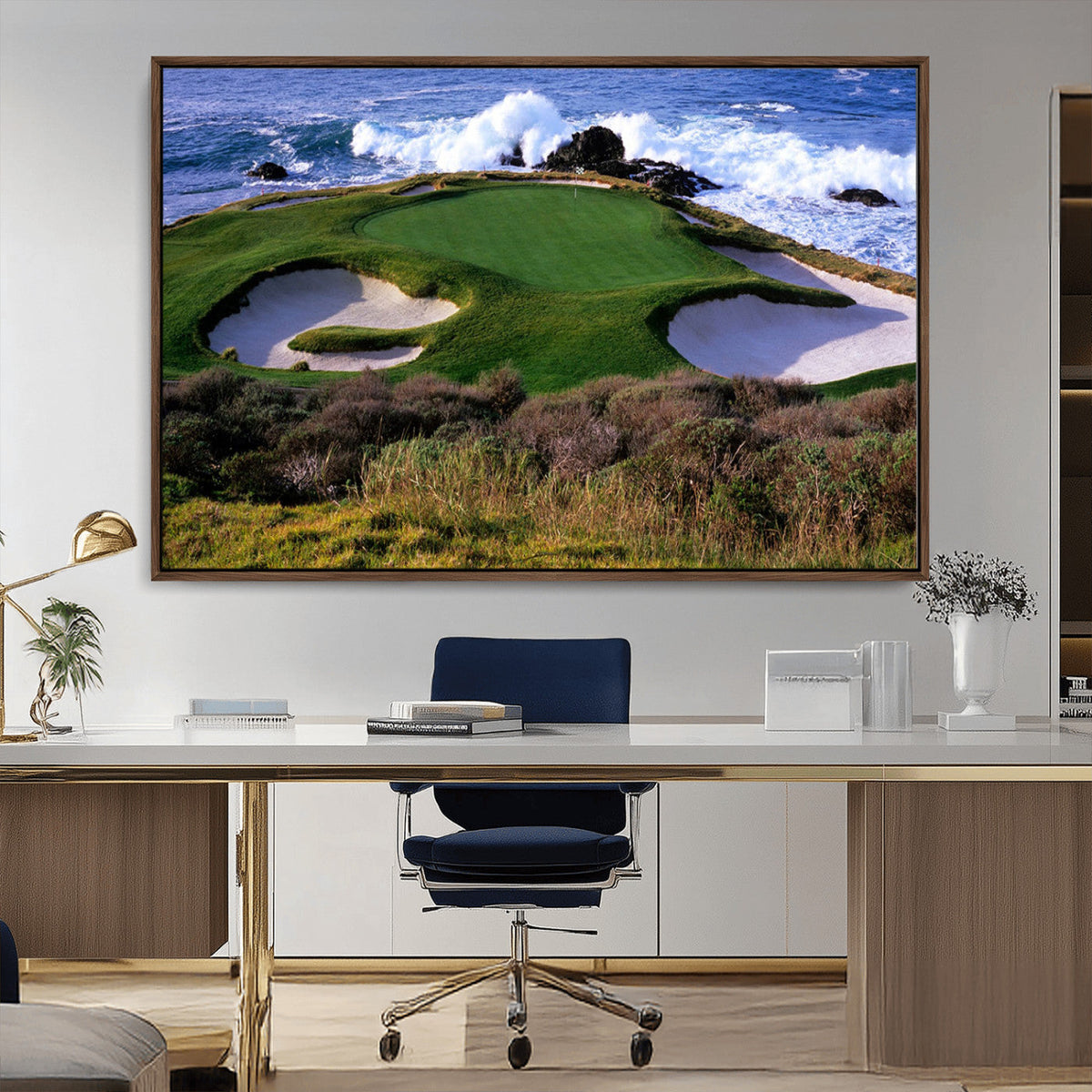 Ocean Cliff Golf Course Wall Art Canvas Print, Waves Crashing, Coastal Golf Landscape