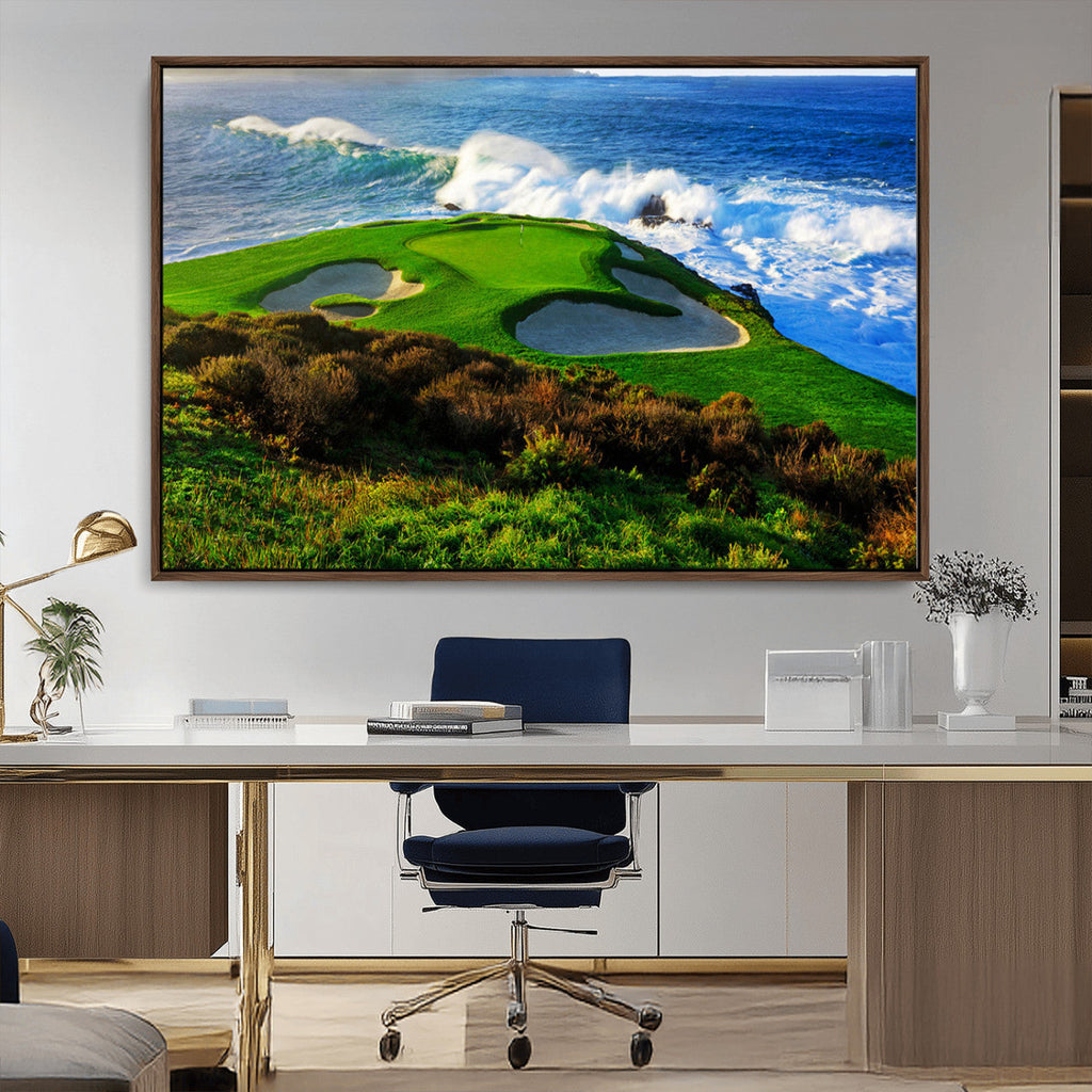 Coastal Golf Course Wall Art Canvas Print, Vibrant Green with Sand Bunkers and Ocean Waves