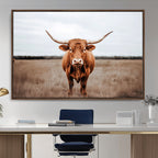 Longhorn Bull Wall Art Canvas Print, Framed Rustic Decor