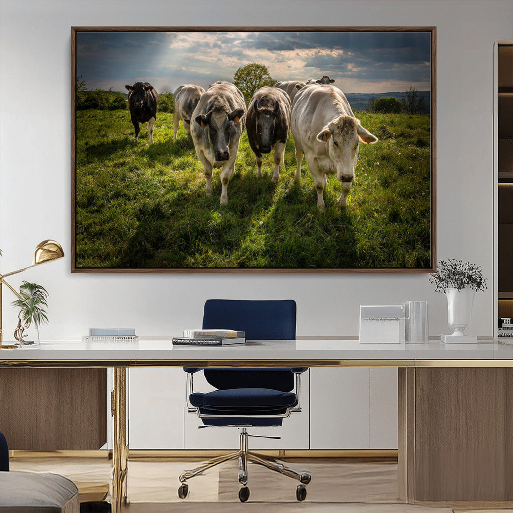 Grazing Cattle Herd Wall Art Canvas Print, Framed Green Pasture Farm Scene