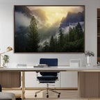 Misty Forest Sunrise Wall Art Canvas Print, Framed Mountain Valley Pine Trees