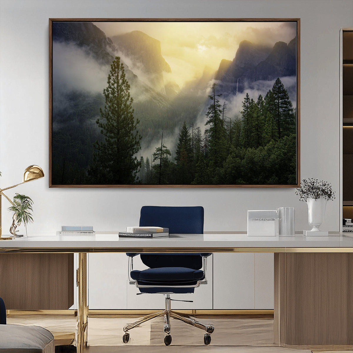 Misty Forest Sunrise Wall Art Canvas Print, Framed Mountain Valley Pine Trees