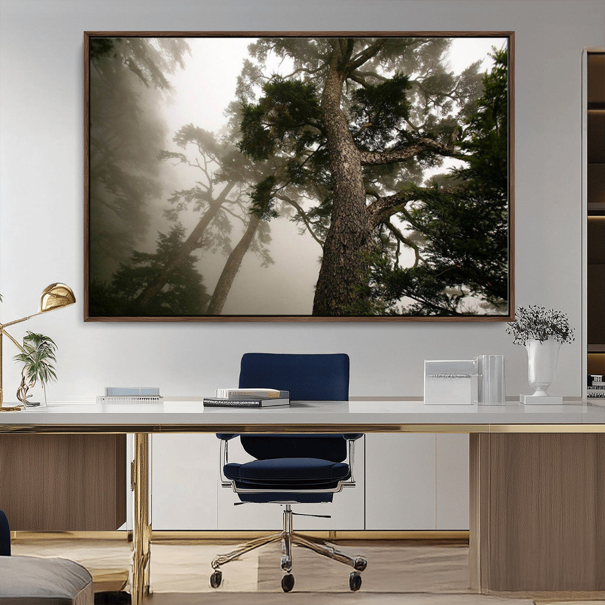 Misty Forest Wall Art Canvas Print, Framed Tall Trees in Foggy Atmosphere