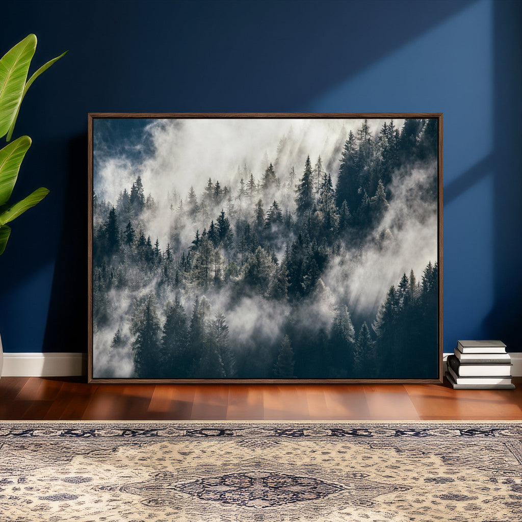 Foggy Mountain Forest Canvas Print, Misty Pine Trees Nature Wall Art