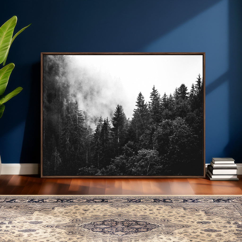 Black White Forest Wall Art Canvas Print, Misty Pine Tree Landscape