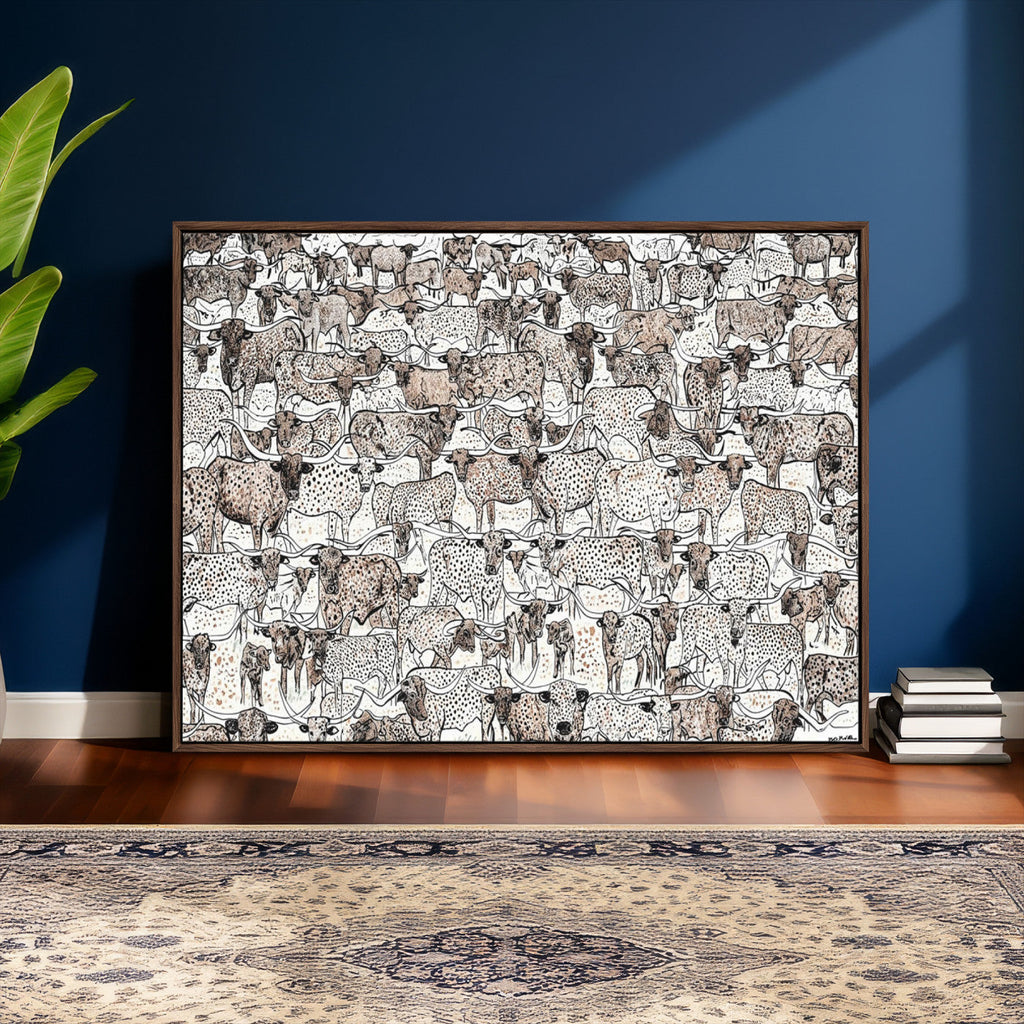 Abstract Texas Cow Wall Art Canvas Print, Farm Longhorn Art for Cabin Decor