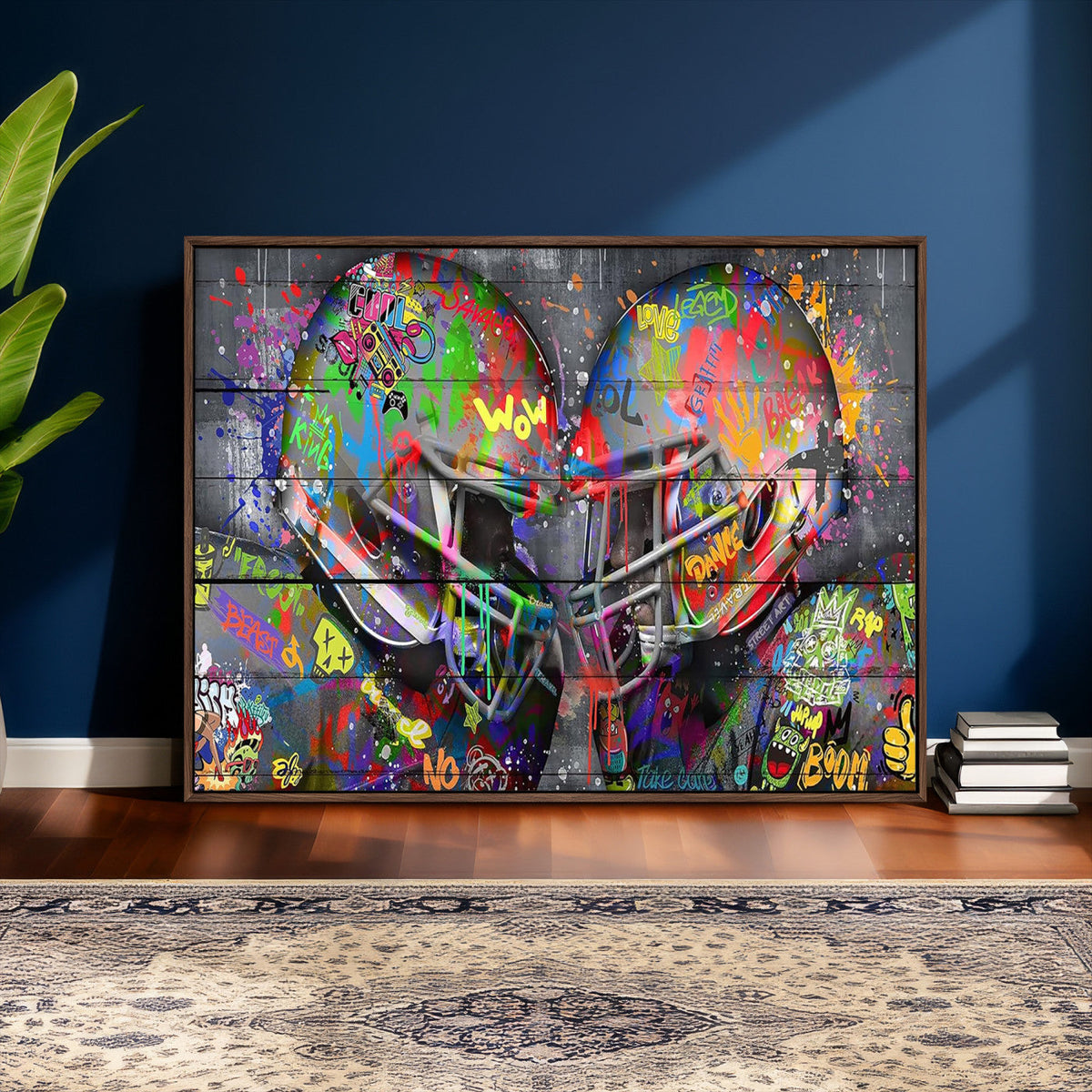 Graffiti Football Helmets Wall Art Canvas Print, Urban Street Art