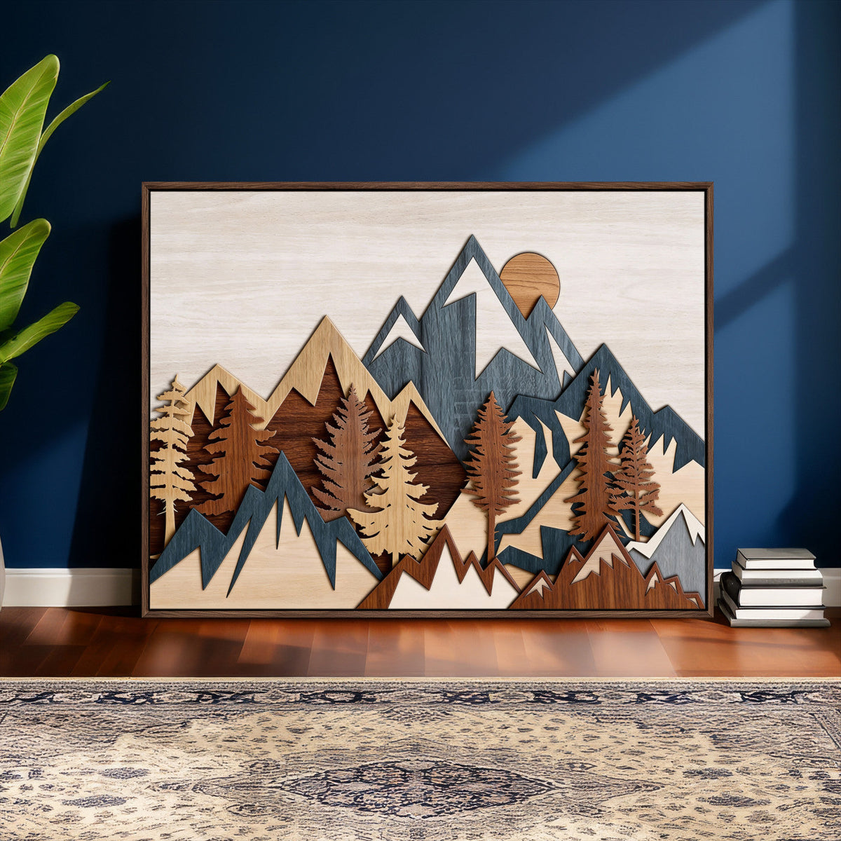 Layered Wooden Mountain Wall Art Canvas Print, Modern Rustic Forest and Pine Landscape