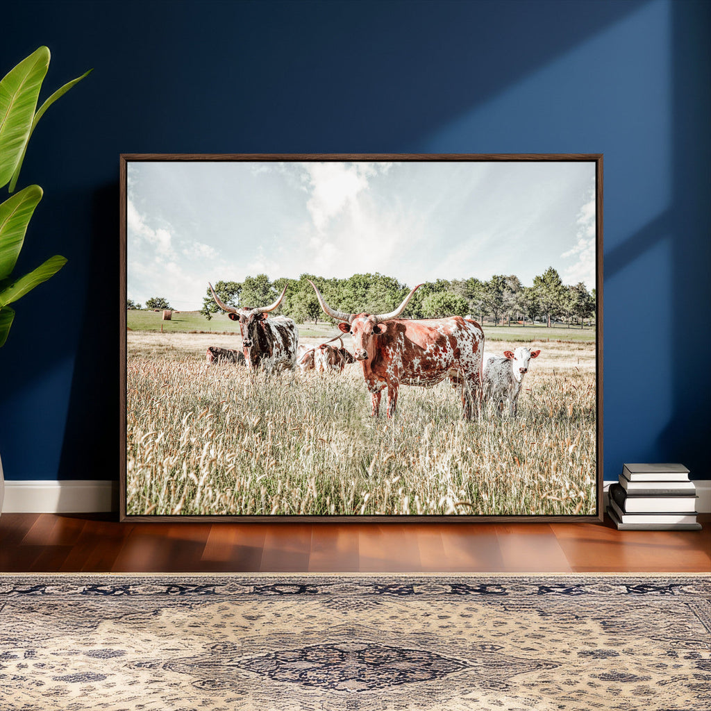 Texas Longhorn Cattle Wall Art Canvas Print, Western Ranch Landscape Decor