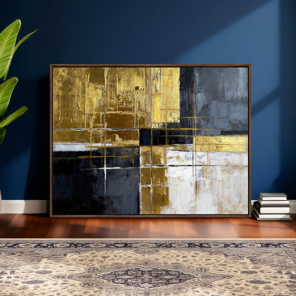 Gold Navy Abstract Wall Art Canvas Print, Modern Luxury Geometric Art for Living Room and Office