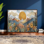 Boho Mountain Landscape Large Wall Art, Horizontal Gold Sun and Flowers Print