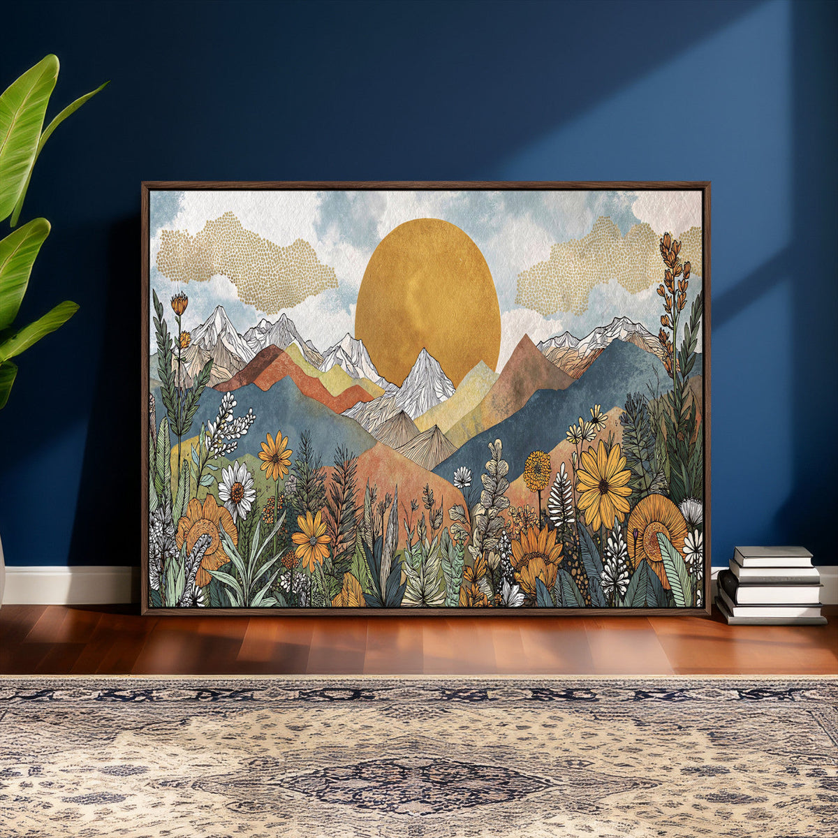 Boho Mountain Landscape Large Wall Art, Horizontal Gold Sun and Flowers Print