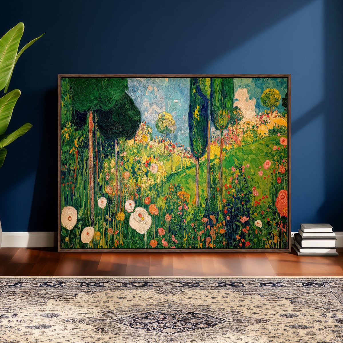 Gustav Klimt Boho Mountain Landscape Large Wall Art, Gold Sun and Flowers Print