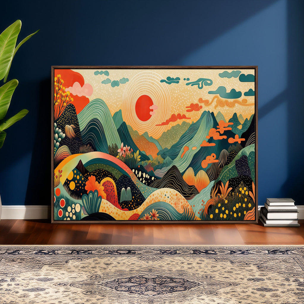 Yayoi Kusama Boho Mountain Landscape Large Wall Art, Gold Sun and Flowers Print