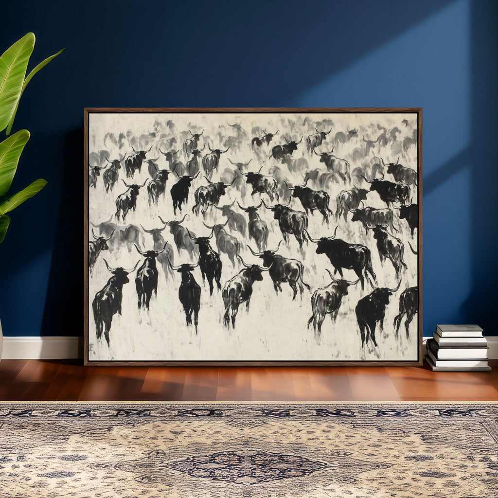 Longhorn Cattle Canvas Wall Art, Black White Stampede Ink