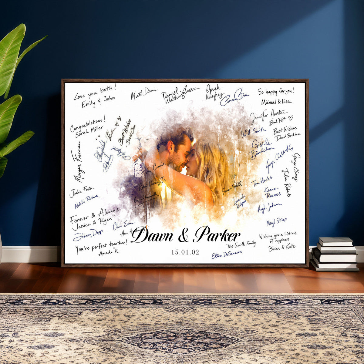 Ink Splash Wedding Guest Book Canvas, Personalized Couple Photo Sign
