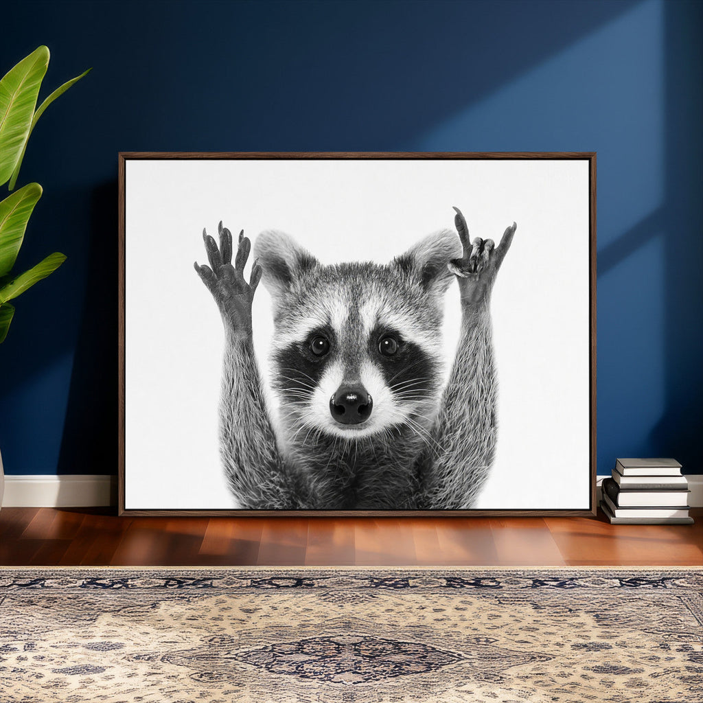 Funny Raccoon Canvas Wall Art, Black White Hands Up Animal Photo Print