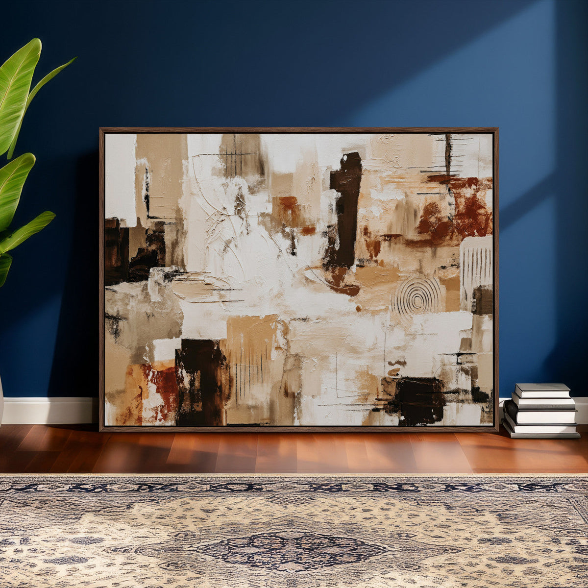 Blue Teal Abstract Canvas Wall Art, Modern Brushstroke Style Print, Navy Orange Contemporary Decor