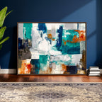 Blue Teal Abstract Canvas Wall Art, Modern Brushstroke Style Print, Navy Orange Contemporary Decor