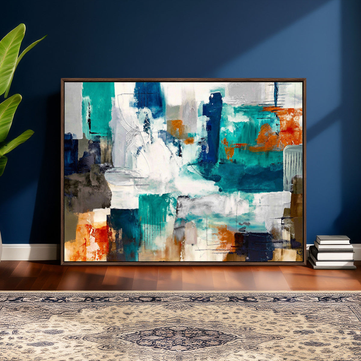Blue Teal Abstract Canvas Wall Art, Modern Brushstroke Style Print, Navy Orange Contemporary Decor