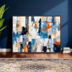 Blue Teal Abstract Canvas Wall Art, Modern Brushstroke Style Painting Print, Navy Orange Contemporary Decor