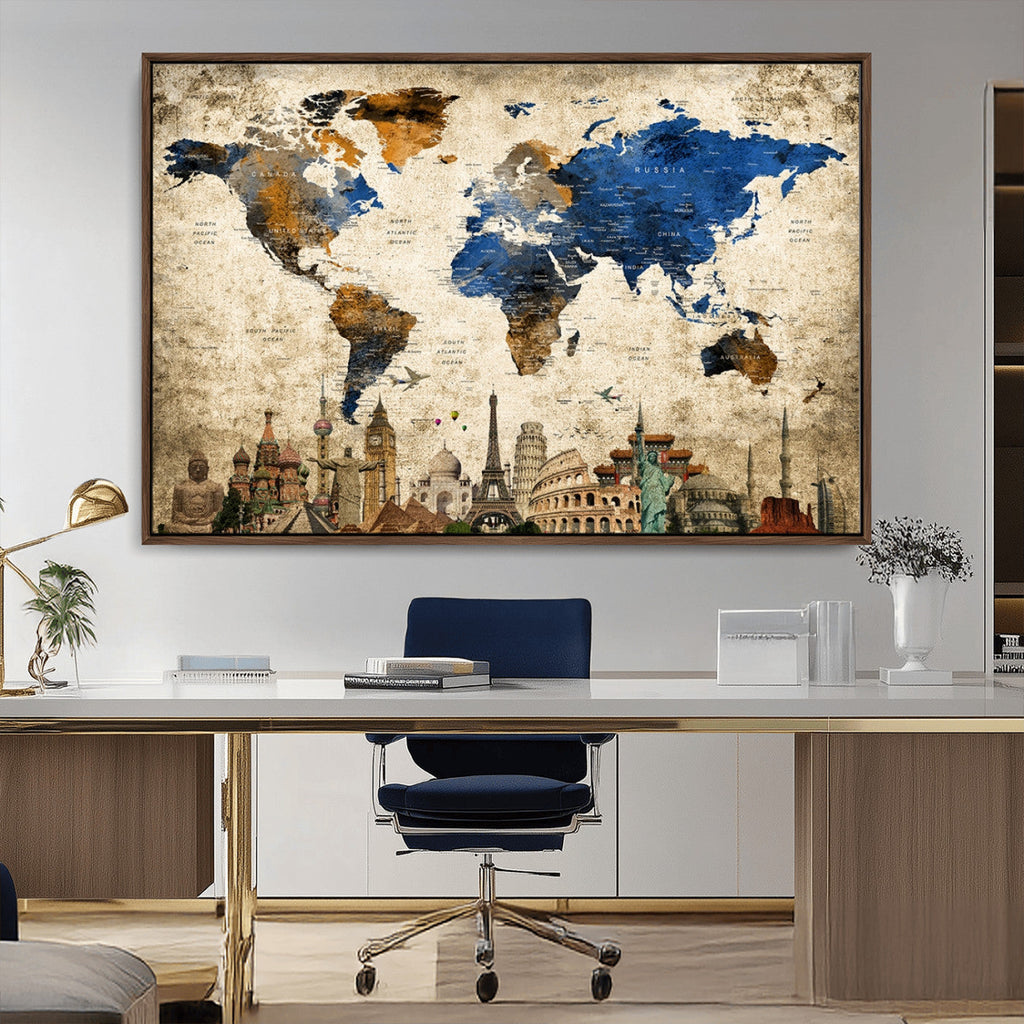 World Map Canvas Print | Vintage Blue and Gold World Map Wall Art