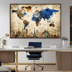 World Map Canvas Print | Vintage Blue and Gold World Map Wall Art