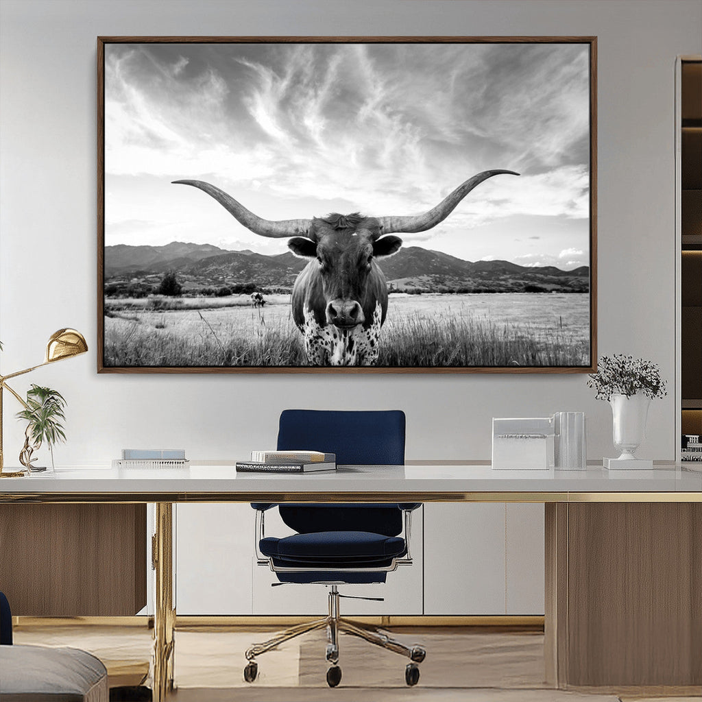 Longhorn Black and White Wall Art | Rustic Western Bull Canvas Print