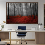 Red Forest Floor Canvas Wall Art | Mystical Foggy Woodland Triptych