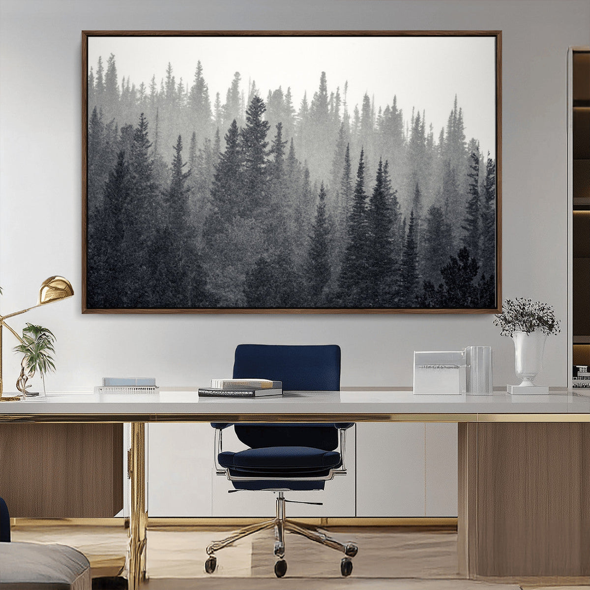 Misty Forest Canvas Wall Art | Monochrome Triptych Pine Tree Print