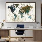 Vintage World Map Wall Art Canvas Print, Framed Rustic Earth Tone Map