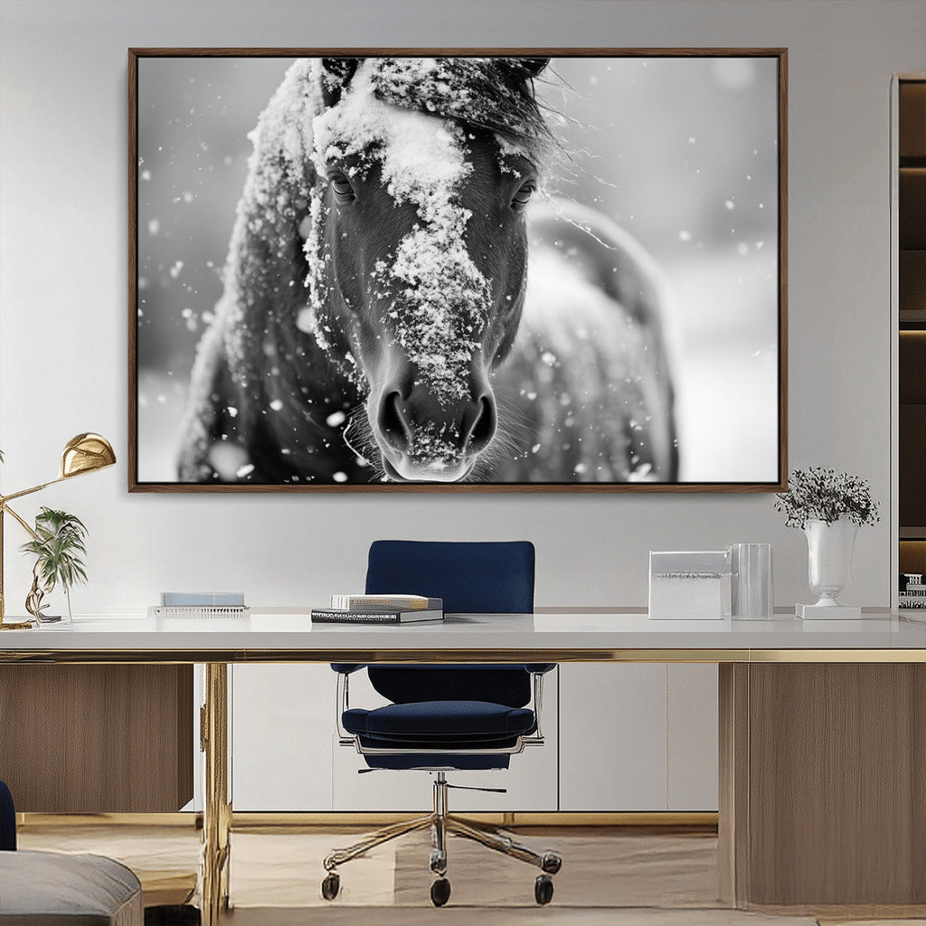 Black and White Horse Winter Wall Art, Ready to Hang