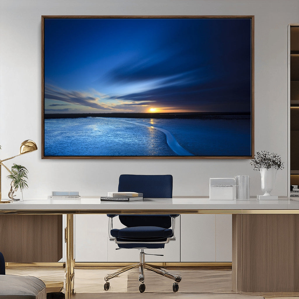 Blue Sunset Ocean Canvas Wall Art Print | Serene Coastal Horizon