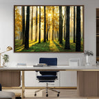 Sunlit Forest Wall Art Canvas Print, Large Framed Woodland Scene with Golden Light