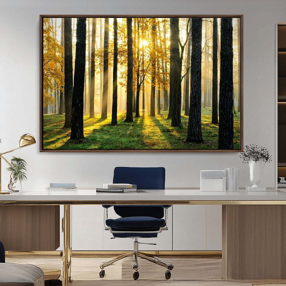 Sunlit Forest Wall Art Canvas Print, Large Framed Woodland Scene with Golden Light