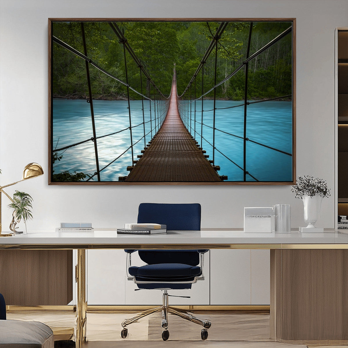 Suspension Bridge Over River Canvas Art | 3-Panel Nature Wall Art