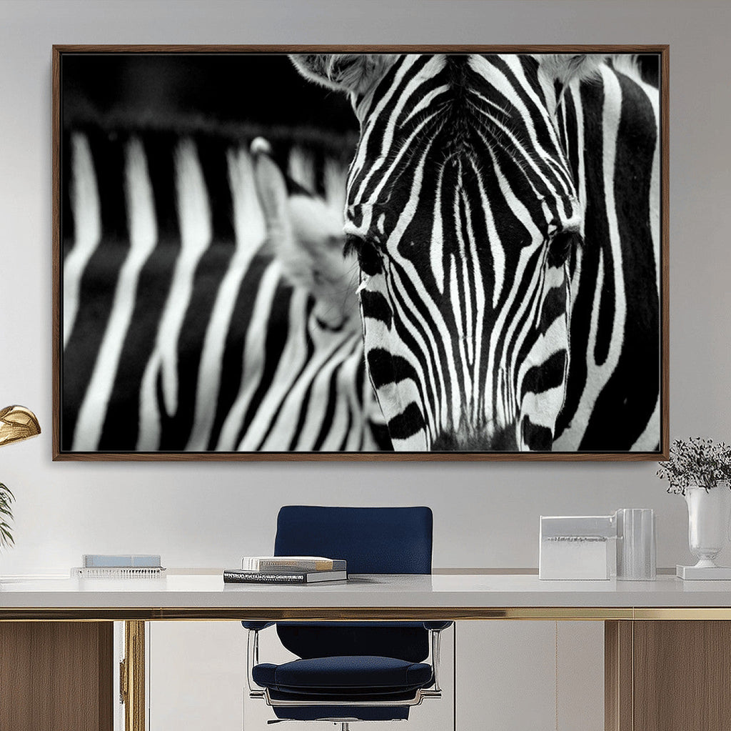 Zebra Wall Art | Zebra Close Up Canvas Print | Framed Black and White Wildlife