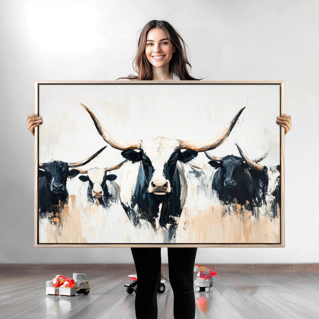 Texas Longhorn Wall Art Canvas Print | Majestic Horned Bull in Black and White