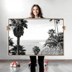 Palm Trees Wall Art Canvas Print, Framed Coastal Ocean Horizon Monochrome Art