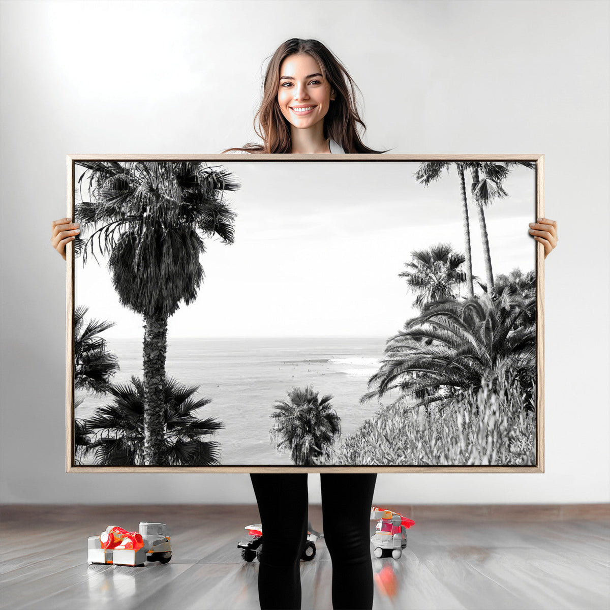 Palm Trees Wall Art Canvas Print, Framed Coastal Ocean Horizon Monochrome Art