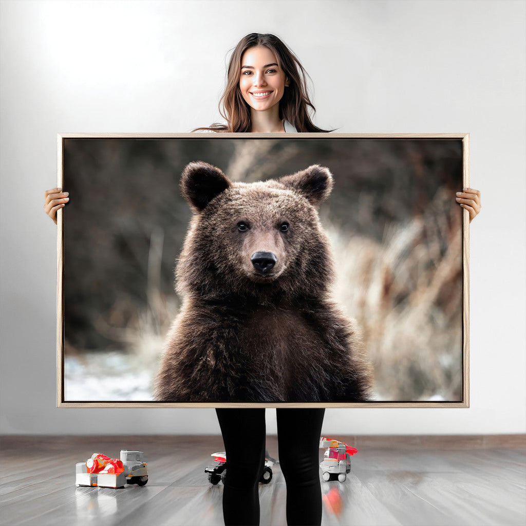 Brown Bear Wall Art Canvas Print, Framed Majestic Woodland Wildlife Cabin Art