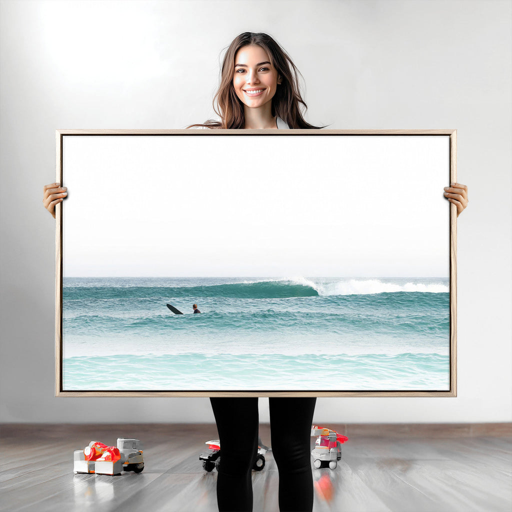 Surfing Wall Art Canvas Print, Framed Minimalist Ocean Waves Beach Art